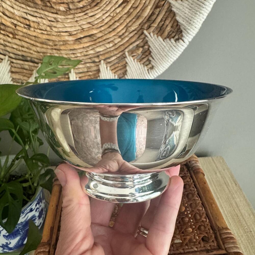Vintage Silverplated Reed Barton Revere Bowl with Blue Enamel 5", Barcart Decor